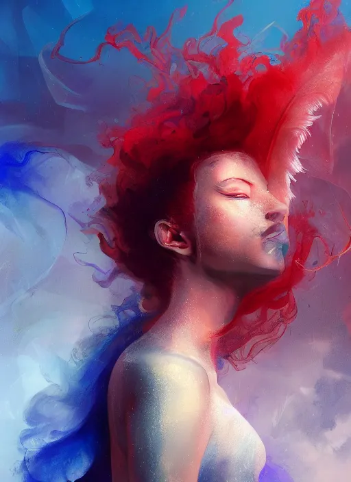 Prompt: a painting of a woman who made of curly and transparent feathers cloud with red edges is holding a sword, a digital painting by charlie bowater, made of many translucent layers of blue, metaphysical painting, speedpainting, digital painting, holographic undertones, highly saturated colors, 4 k, digital art, concept art, trending on artstation