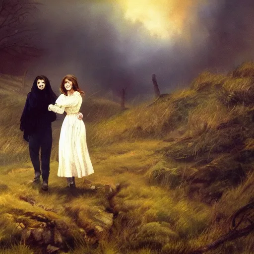 Image similar to The ghosts of Cathy and Heathcliff wander the moors of Wuthering Heights, painting, ultra detailed, 4k