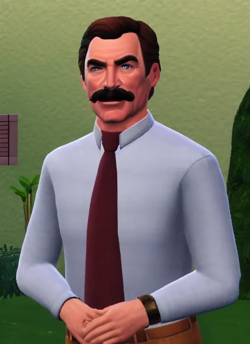 Image similar to film still of tom selleck as a sims character, gameplay, 8 k, hd