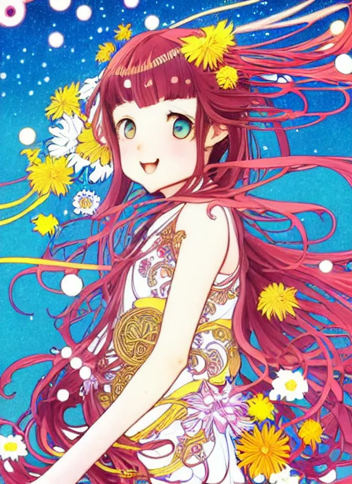 Prompt: exquisite imaginative manga poster art of a smiley girl, long wavy hair, stars, flowers, uniform, shimmering, by kojima ayami, shigenori soejima, minaba hideo, alphonse mucha, jump comics, shogakukan, art nouveau, illustration, artstation, highly detailed, 8 k, fluorescent, maximalist