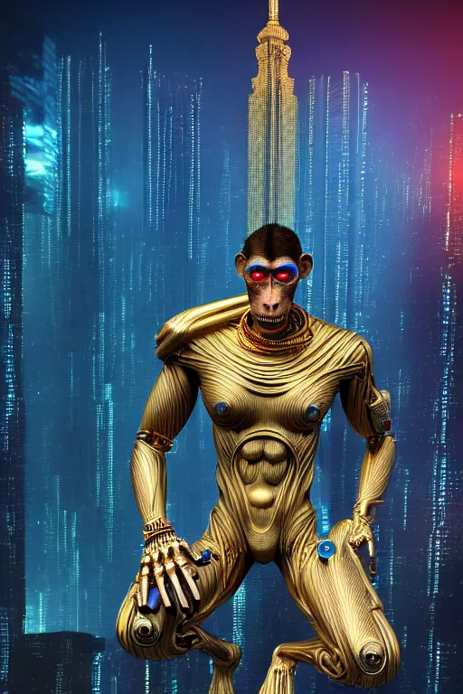 Prompt: high quality 3 d render ultra realistic mischievous cyborg muscular man monkey blue hybrid sitting, gold madhubani, highly detailed, cyberpunk!! mumbai in the background, unreal engine cinematic smooth, szukalski & blade runner, moody light, low angle, uhd 8 k, sharp focus