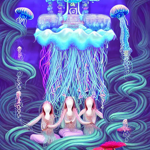 Prompt: A painting of priestesses worshipping at the jellyfish temple, shrouded in mist, jellyfish god, jellyfish priestess, jellyfish shrine maiden, 8K, illustration, art by BambooWu, smoke, undersea temple with fish, cinematic, insanely detailed and intricate, hypermaximalist, elegant, super detailed, award-winning, magenta and crimson and cyan, rainbow accents, iridescence, bioluminescence, mysterious, ancient, ritual, trending in cgsociety, artstation HQ, ornate, elite, haunting, matte painting, beautiful detailed, insanely intricate details, dreamy and ethereal, otherworldly