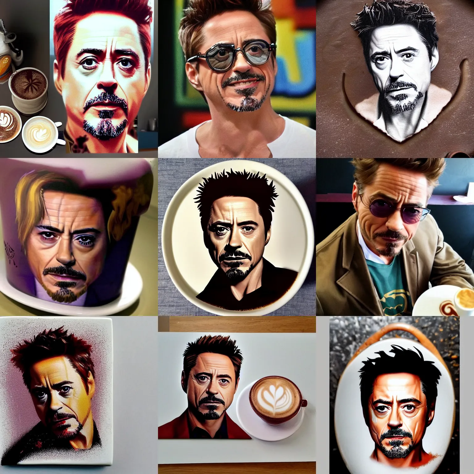 Prompt: high quality photo of latte art of robert downey jr, creamy, aesthetic, realistic