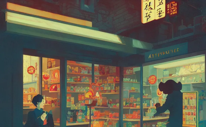 Image similar to an asian convenience store mythical magical scene illustration by atey ghailan and escher and edward hopper