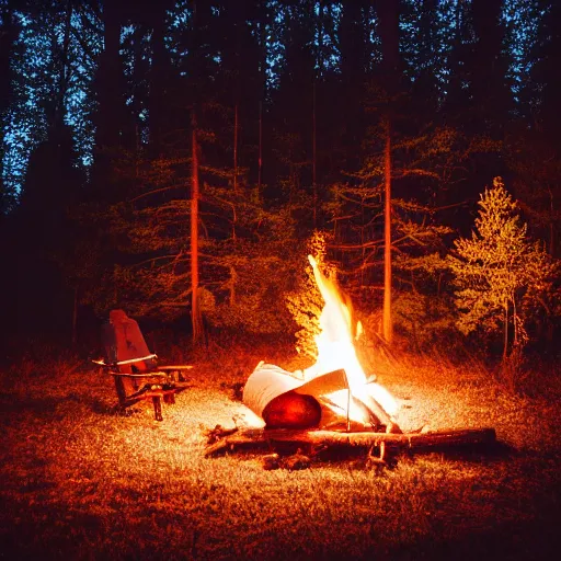 Prompt: cabin in the woods at night, campfire, lens blur, fireflies