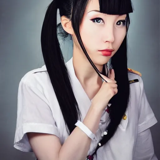 Image similar to Chinese woman, odango with ponytails, eyepatch, military uniform