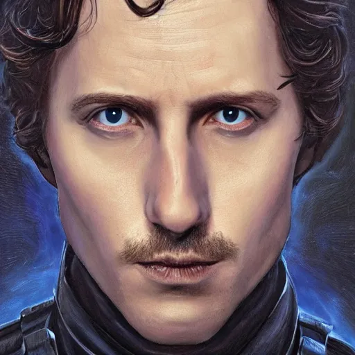 Image similar to realistic paul atreides emperor of the known universe, perfect dramatic and dark portrait by rabbitary b, trending on artstation, deviantart, dune, low angle oil painting and composition laws, dark foggy background, man with thin lines on the face, medium - long curly brown hair, completely blue eyes, denis villeneuve cinematography