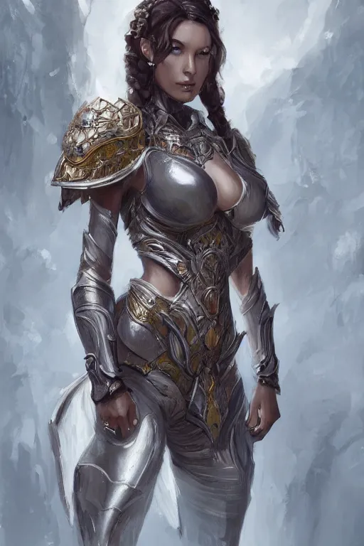 Image similar to three-quarters portrait pose of a beautiful woman, slim body, shining armor, human warrior, fantasy, intricate, elegant, highly detailed, digital painting, artstation, concept art, matte, sharp focus,D&D, illustration, art by Stanley Lau