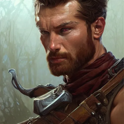 Image similar to portrait of a rugged ranger, muscular, upper body, sword, bow, D&D, fantasy, intricate, elegant, highly detailed, digital painting, artstation, concept art, smooth, sharp focus, illustration, art by artgerm and Greg Rutkowski and Alphonse Mucha