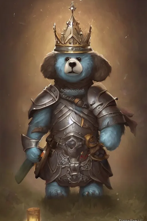 Image similar to cute little anthropomorphic bear knight wearing a cape and a crown, tiny, small, miniature bear, baby animal, short, pale blue armor, cute and adorable, pretty, beautiful, DnD character art portrait, matte fantasy painting, DeviantArt Artstation, by Jason Felix by Steve Argyle by Tyler Jacobson by Peter Mohrbacher, cinematic lighting