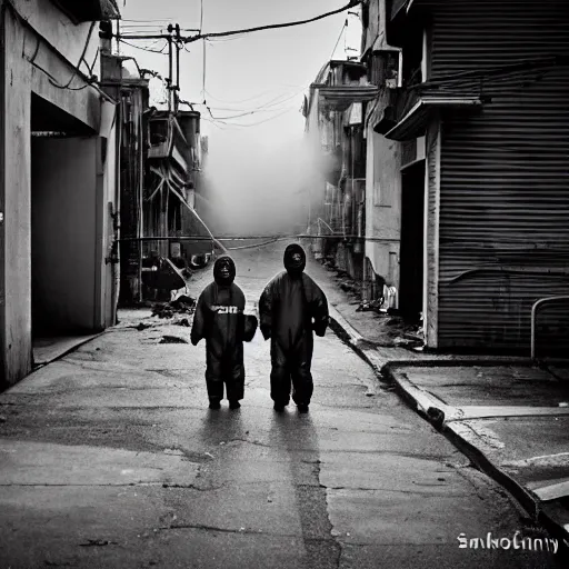 Image similar to a family wearing a hazmat suits on a post-war era street, walking away from the camera, dark smoke in the background, filthy streets, broken cars. Vines growing. Jpeg artifacts. Award-winning photo. Full-color photo. Samyang/Rokinon Xeen 50mm T1.5