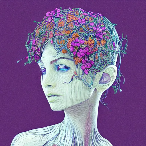 Image similar to the head of an incredibly elegant and pretty girl partially made of potatoes and violets, an ultrafine detailed illustration by james jean, final fantasy, intricate linework, bright colors, behance contest winner, vanitas, angular, altermodern, unreal engine 5 highly rendered, global illumination, radiant light, detailed and intricate environment