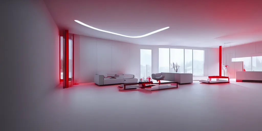 Prompt: interior photo of a ceramic tile futuristic house, octane render, minimalism, white and red colour palette, dramatic lighting