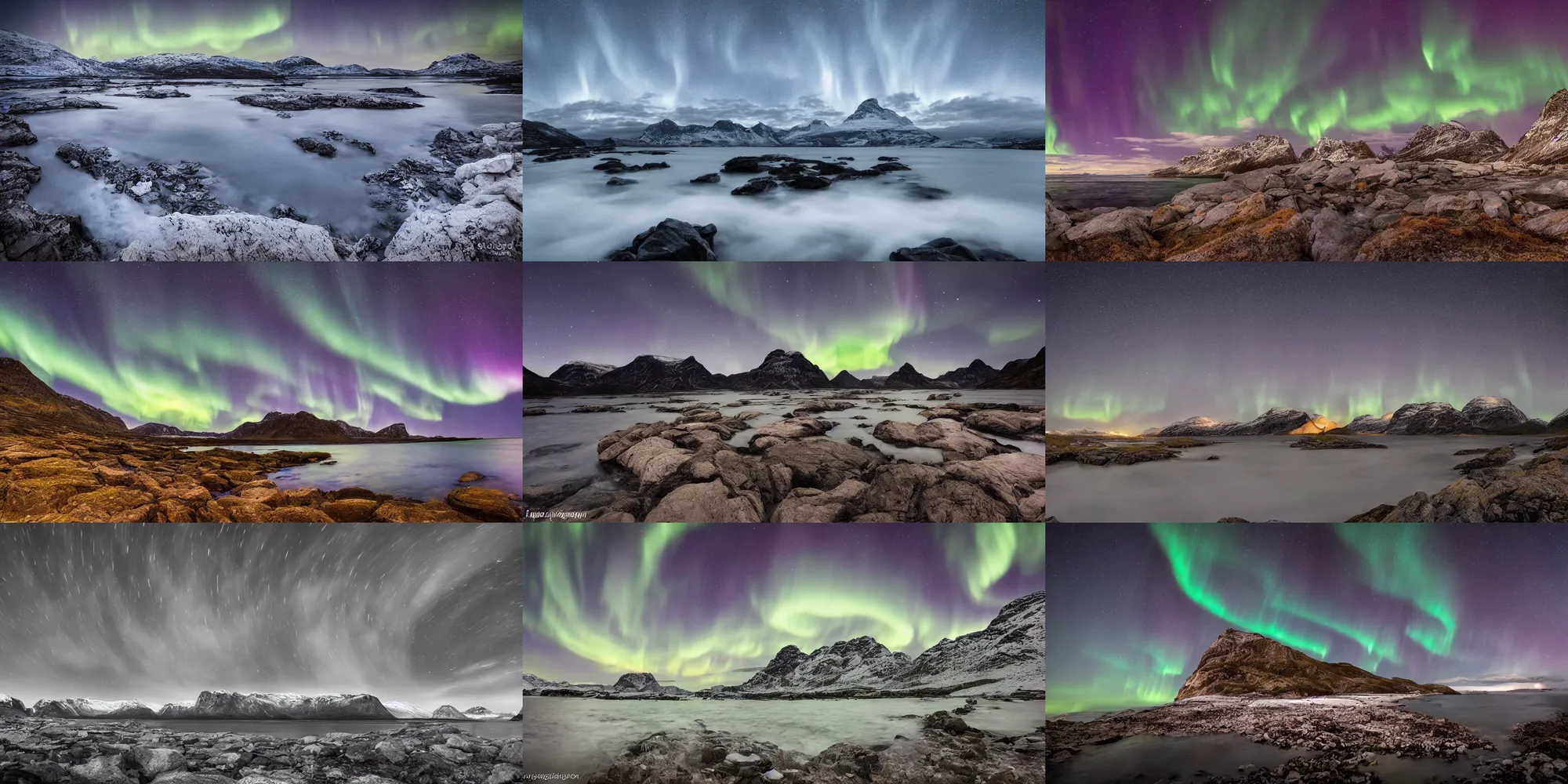 Prompt: a beautiful landscape photo in northern Norway by a professional landscape photographer, night sky, northern lights, long exposure, wide angle lens, rule of thirds