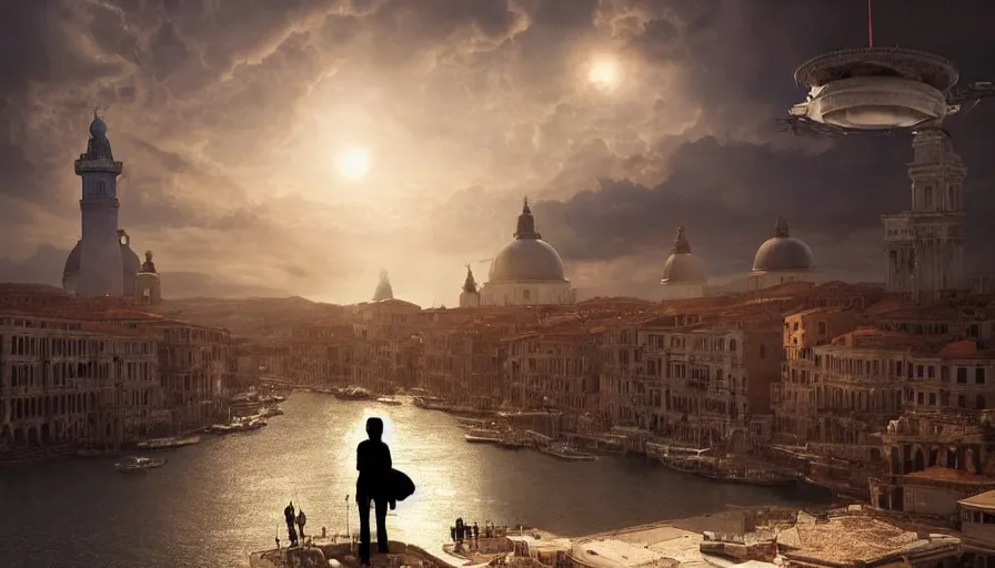 Prompt: silhouette of a greek king overlooking a giant alien ufo high tech spaceship eerily hovering on italy venice city landscape with beautiful temples by greg rutkowski, artgerm, ross tran, magali villeneuve, intricate, time travel theme, audince in awe, spectacle, audience sorrounding, award winning, octane render, masterpiece, 8 k, beautiful