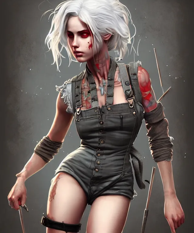 Image similar to full body pose, grungy ciri, torn overalls, short shorts, combat boots, fishnets, beautiful, highly detailed face, true anatomy!, extremely detailed!, digital painting, unreal engine 5, art by tom bagshaw