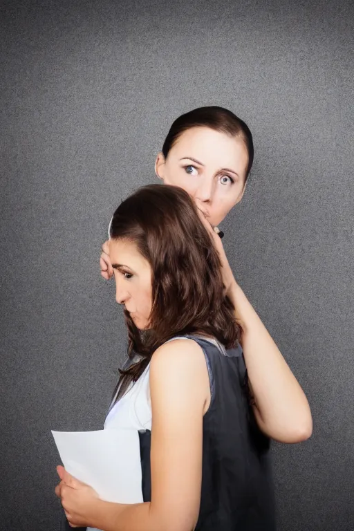 Image similar to professional photo of depressed teacher on backboard background, women, 2 5 year old, brunette, bib hairstyle, portrait, realistic, detailed