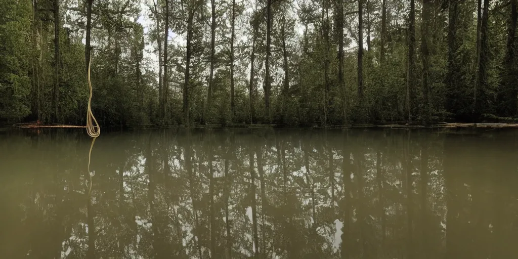 Prompt: photograph of a long rope floating on the surface of the water, the rope is snaking from the foreground stretching out towards the vortex sinkhole center of the lake, a dark lake on a cloudy day, mood, trees in the background, anamorphic lens