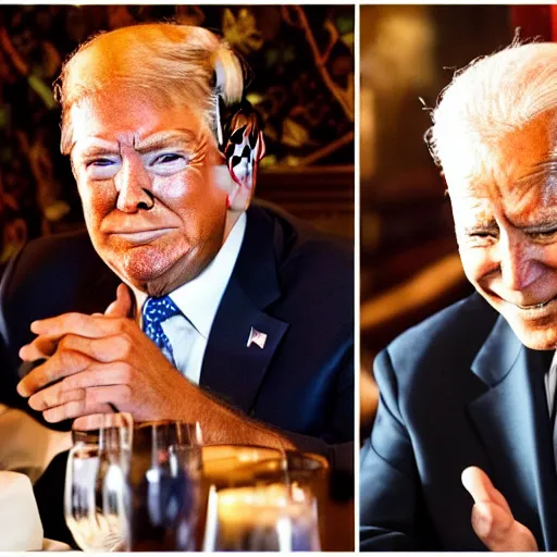 Image similar to Trump and Biden having dinner at a fancy Balinese restaurant, award winning photography, 85mm, perfect faces