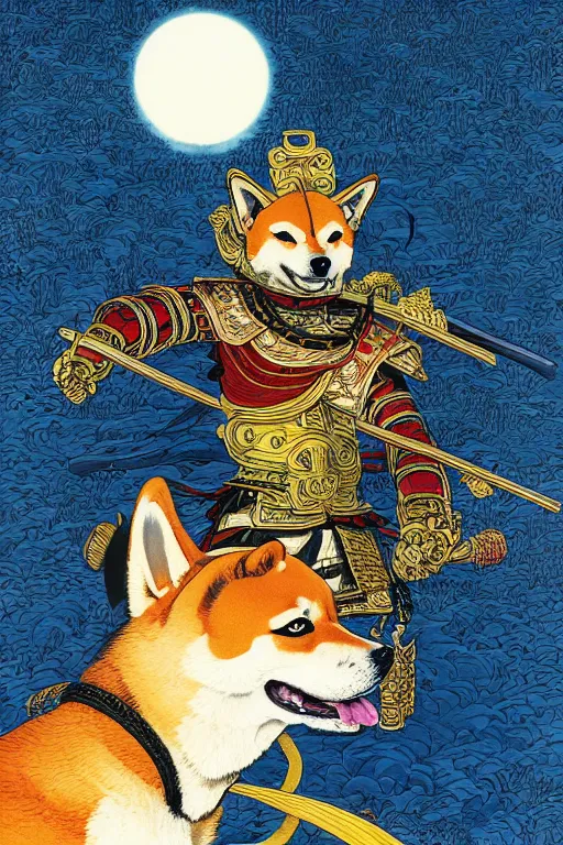 Image similar to poster of a shiba inu as a samurai, by yoichi hatakenaka, masamune shirow, josan gonzales and dan mumford, ayami kojima, takato yamamoto, barclay shaw, karol bak, yukito kishiro