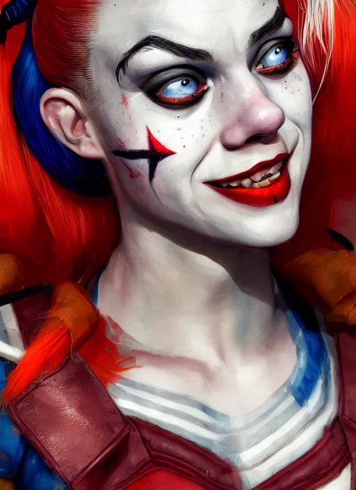 Image similar to portrait of harley quinn, au naturel, hyper detailed, digital art, trending in artstation, cinematic lighting, studio quality, smooth render, unreal engine 5 rendered, octane rendered, art style by klimt and nixeu and ian sprigger and wlop and krenz cushart