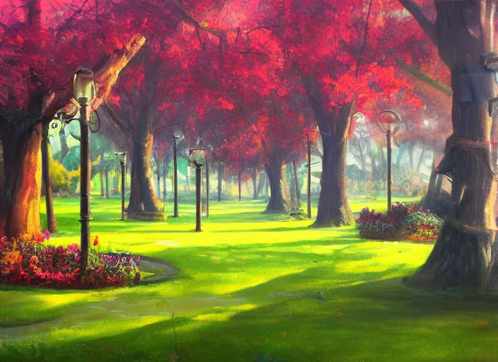 Prompt: bright beautiful oil painting of a futuristic city park by Viktor Tsvetkov