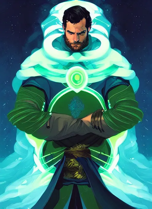 Image similar to style artgerm, joshua middleton, illustration, henry cavill as a warrior monk wearing green pelt light armor, blue hair, swirling water cosmos, fantasy, dnd, cinematic lighting