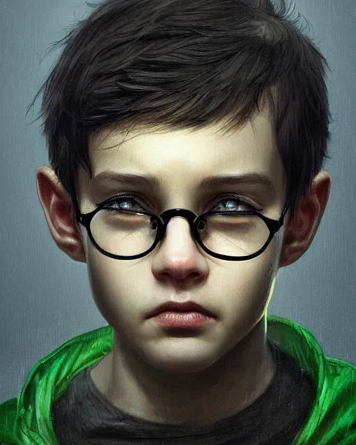 Prompt: boy thin face, black hair, and bright green eyes. wearing round glasses held together with a lot of scotch tape. a very thin scar on his forehead that is shaped like a bolt of lightning, hyper realistic face, beautiful eyes, fantasy art, in the style of greg rutkowski, intricate, hyper detailed, smooth