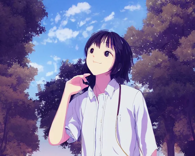 Prompt: teen looking at blue sky, wearing white shirt, back turned, looking up, illustration, by pine ( ハイネ ) and 薯 子 imoko and 香 川 悠 作 and wlop and maya takamura, highly detailed, trending artstation, pixiv, digital art