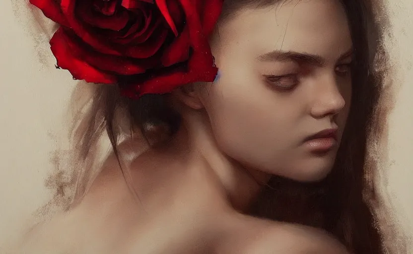 Image similar to a painting of virtualrose trending on artstation in the style of greg rutkowski, beautiful, sensuality, young female, sensual, natural skin, brown hair, red rose in hair