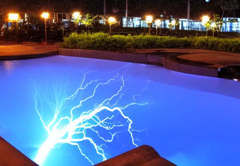 Image similar to pool of electrified water, electrical hazard, harvesting plant for lightning in a bottle.