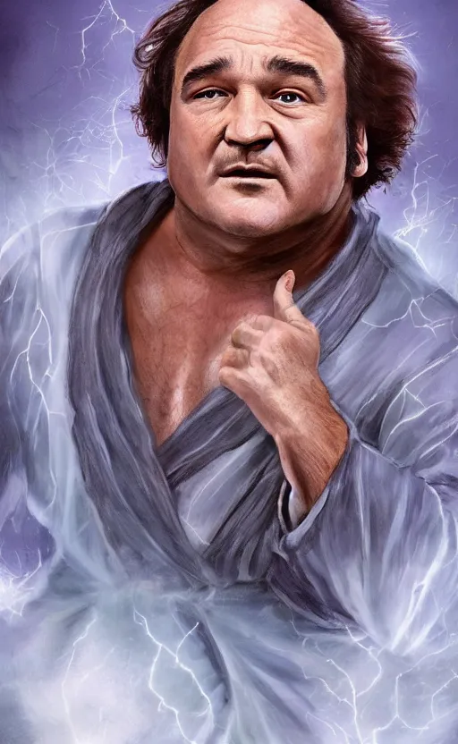 Prompt: jim belushi with wild hair and bright eyes. he's wearing a flowing bathrobe made of light, airy fabric and he has a mischievous look on his face, dynamic lighting, photorealistic fantasy concept art, trending on art station, stunning visuals, creative, cinematic, ultra detailed