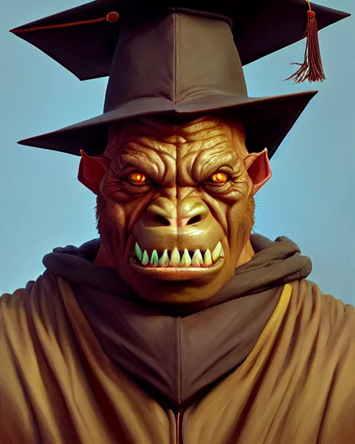 Prompt: medium - shot oil portrait of an orc in a graduation hat, artstation, highly detailed digital painting, smooth, global illumination, fantasy art by greg rutkowsky, karl spitzweg, leyendecker