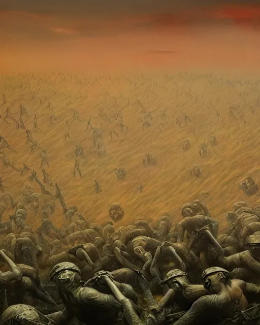 Prompt: a surreal, hellish, and maddening battlefield filled with soldiers fighting a pointless war in the style of zdzisław beksinski in the style of junji ito trending on artstation deviantart pinterest furaffinity detailed realistic hd 8 k high resolution