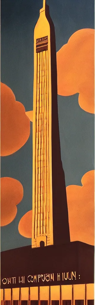 Image similar to a painting of Coughlin Campanile, golden hour, an art deco painting by Grant Wood, featured on behance, american scene painting, movie poster, poster art, concert poster