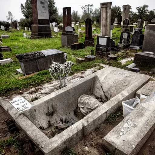 Image similar to The mixed mediart shows a grave that has been flooded with water. The grave is located in a cemetery in Italy. The water in the grave is dirty and there is trash floating in it. The grave is surrounded by a fence. by Henry Moore contest winner