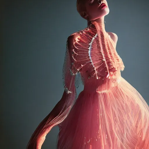 Image similar to Fashion photography of a woman wearing a dress inspired by a jellyfish, artistic photography, insanely detailed, chiaroscuro, cinestill 800t, Vogue magazine