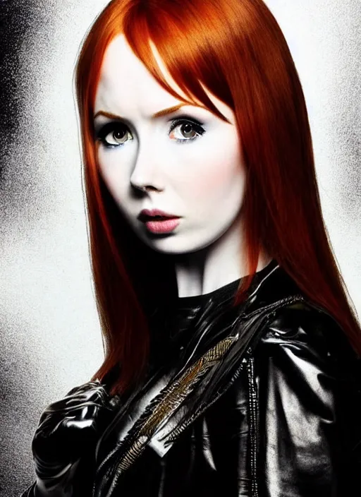 Prompt: beautiful 20 year old Karen Gillan as the goddess of black leather. ultra detailed painting at 16K resolution and amazingly epic visuals. epically beautiful image. amazing effect, image looks gorgeously crisp as far as it's visual fidelity goes, absolutely outstanding. vivid clarity. ultra. iridescent. mind-breaking. mega-beautiful pencil shadowing. beautiful face. Ultra High Definition. godly shading. amazingly crisp sharpness. photorealistic film cel processed twice..