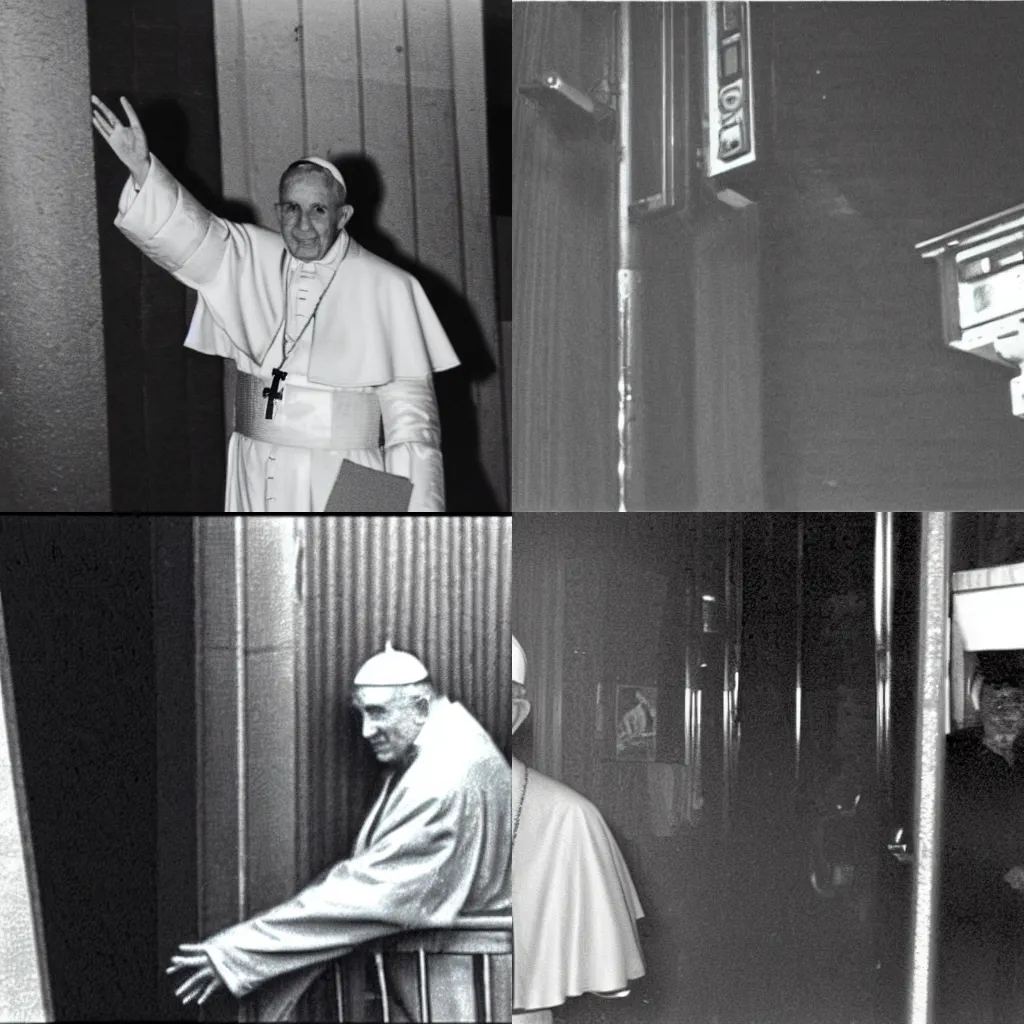 Prompt: security camera footage of pope john paul spotted on CCTV outside of a strip club, high exposure, dark, monochrome, camera, grainy, DSLR, security camera footage