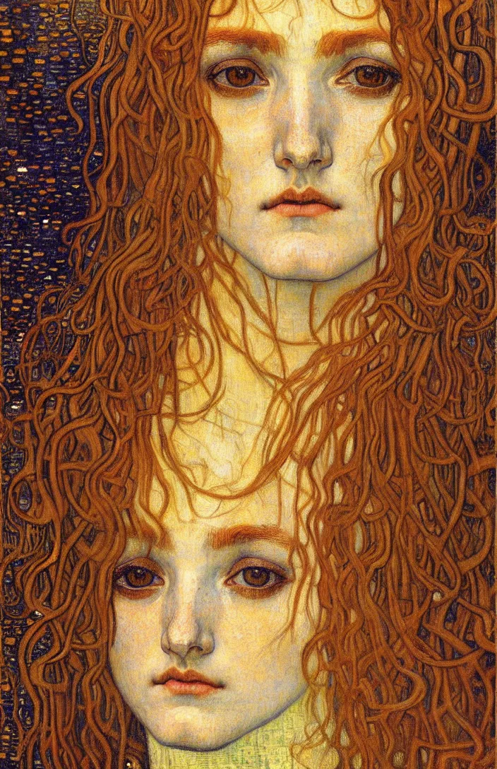 Image similar to detailed realistic beautiful young medieval queen face portrait by jean delville, gustav klimt and vincent van gogh, art nouveau, symbolist, visionary, gothic, pre - raphaelite, muted earthy colors, desaturated