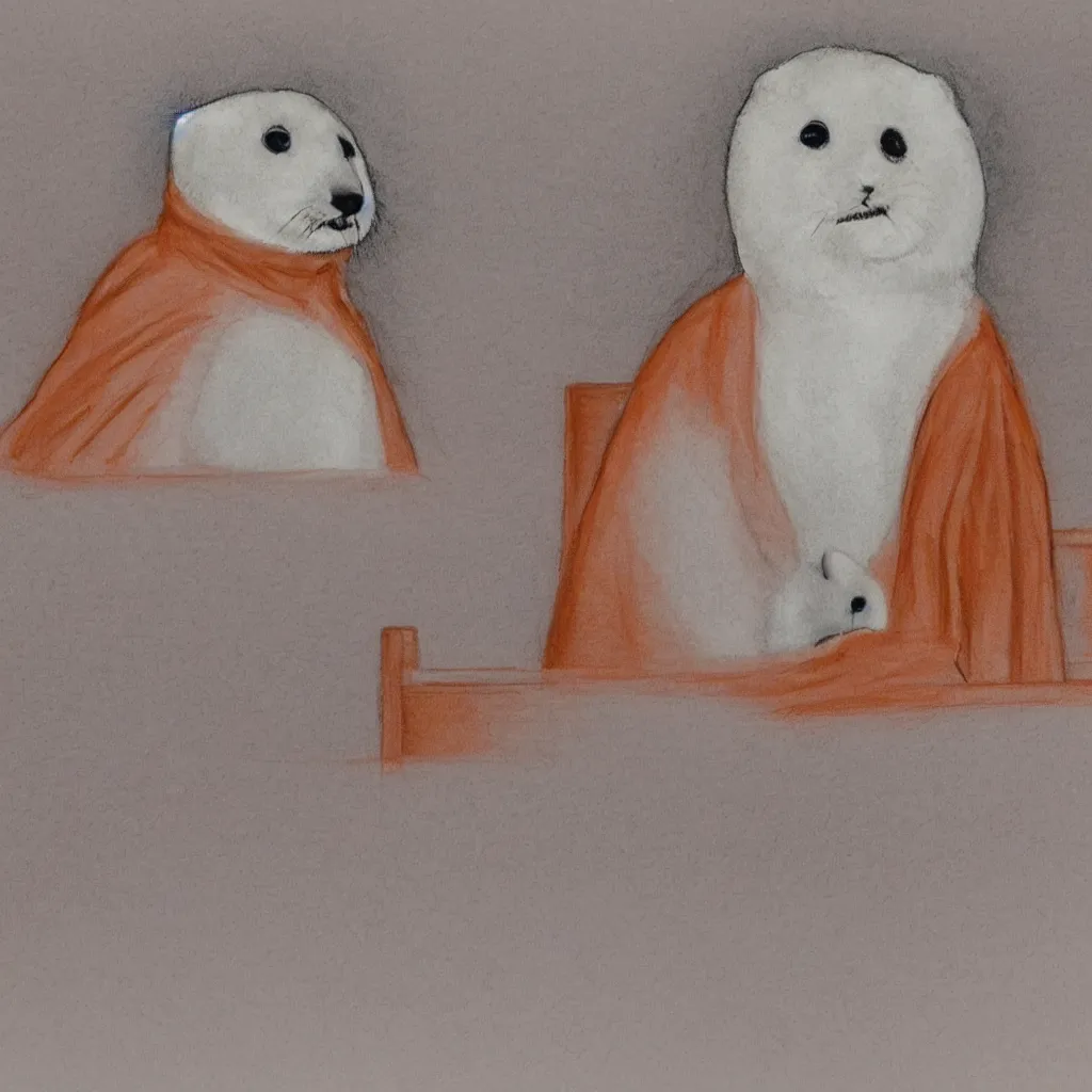 Prompt: one baby harp seal in an orange jumpsuit, sitting at the witness stand, courtroom sketch