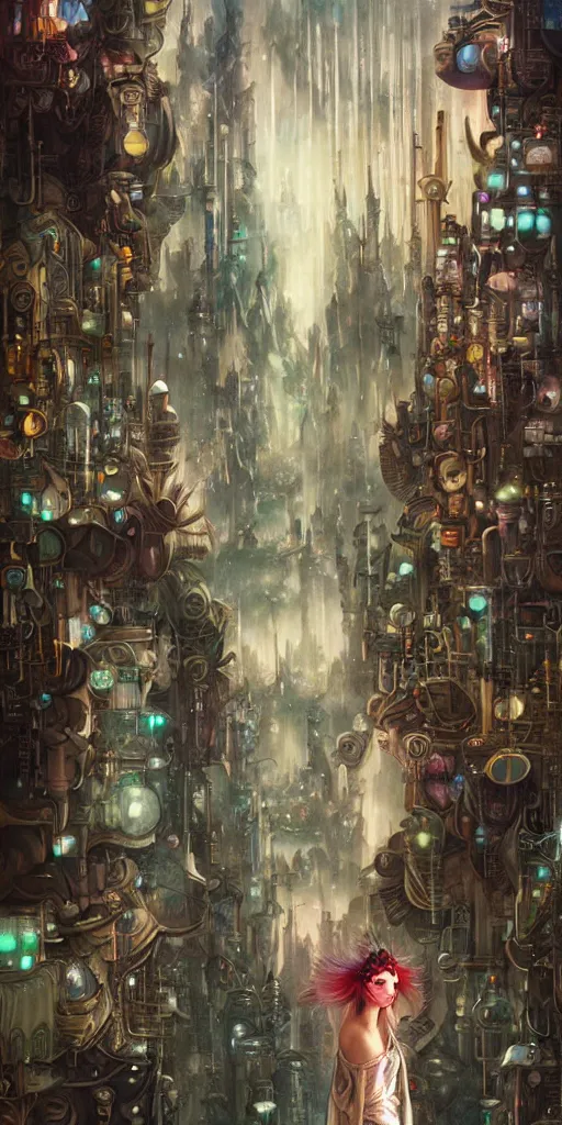 Prompt: hyper realistic Princess Mononoke in her mask, busy cyberpunk metropolis, city landscape, wolves, magic, castle, jewels, style of tom bagshaw, mucha, james gurney, norman rockwell, gems and gold, waterfalls, denoised, sharp