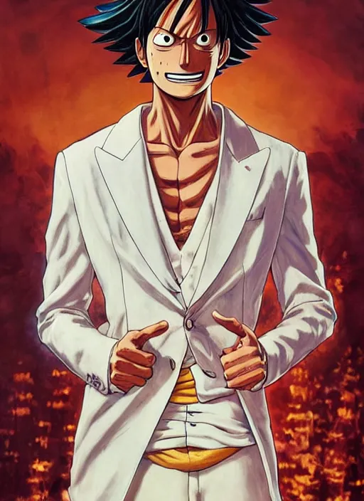 Image similar to Luffy wearing a white suit, candid shot, intricate, extremely detailed painting by Henry Justice Ford and by Greg Rutkowski and by Moebius, golden hour