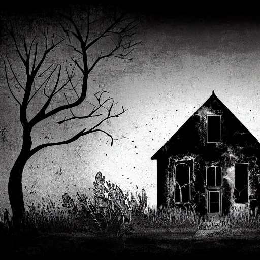 Image similar to black and white storybook illustration of an abandoned house burning, storybook illustration, monochromatic, black and white