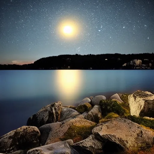 Image similar to lake of constance at night on a rocky beach with stars above and a full moon. photo trending on artstation