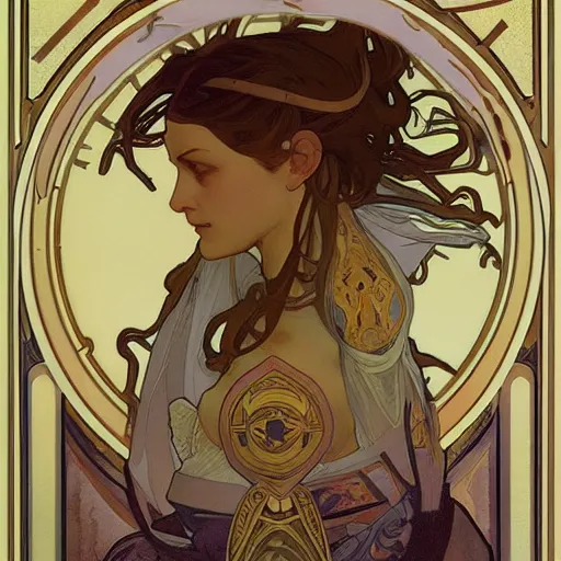 Image similar to seductive science fiction byzantine noble, by alphonse mucha and greg rutkowski