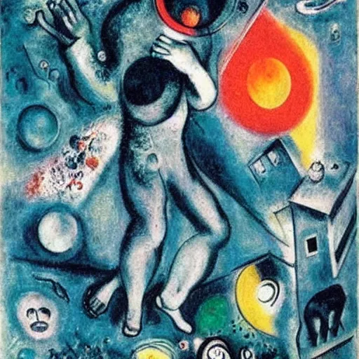 Image similar to A installation art. A rip in spacetime. Did this device in his hand open a portal to another dimension or reality?! by Marcel Chagall ✨