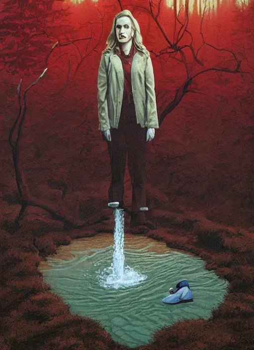 Prompt: twin peaks poster art, from scene from twin peaks, by michael whelan, artgerm, retro, nostalgic, old fashioned, portrait of jennifer connelly standing in a mysterious pond, the supernatural entities may come