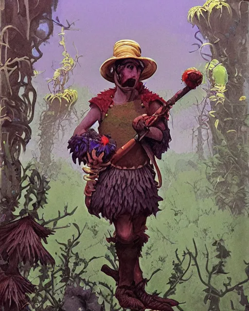 Image similar to moonshine cybin hirsute epic level dnd crick elf spore druid, wielding a magical sword, wearing magical overalls. covered in various fungi. full character concept art, realistic, high detail digital gouache painting by angus mcbride and michael whelan and jeffrey jones.
