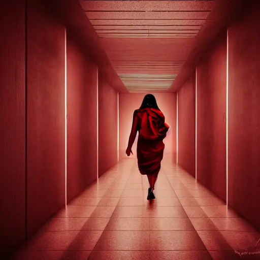 Image similar to a cinematic dramatic digital art of a woman walking through corridor. red